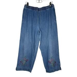 Basic Editions Pull On Drawstring Embroidered Crop Floral Large Blue Jeans
